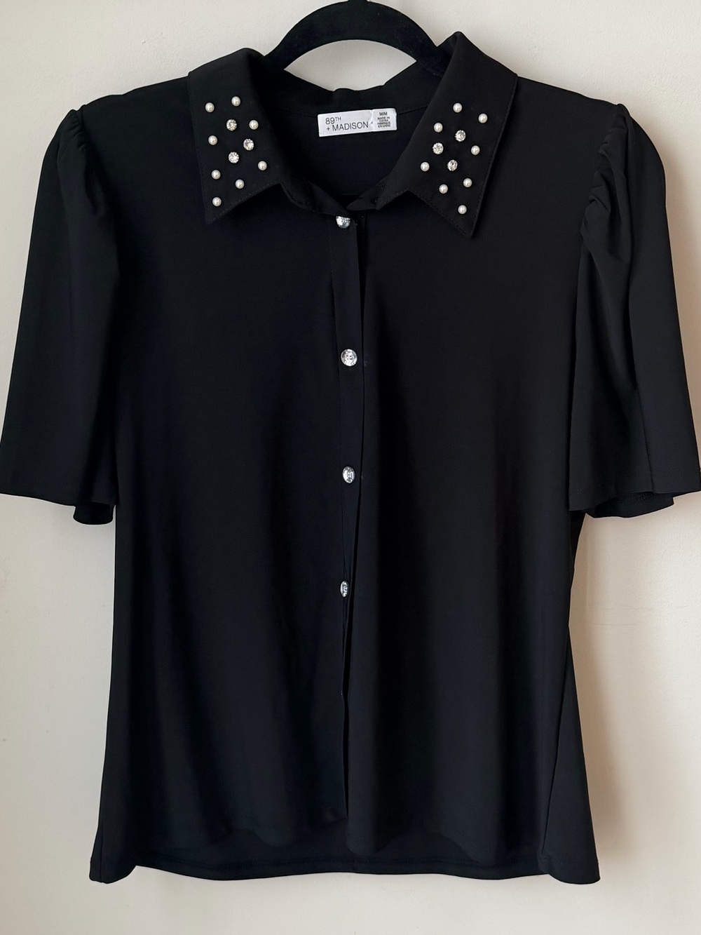 89th + Madison Black Embellished Collar Blouse Minimalist Glam Officewear